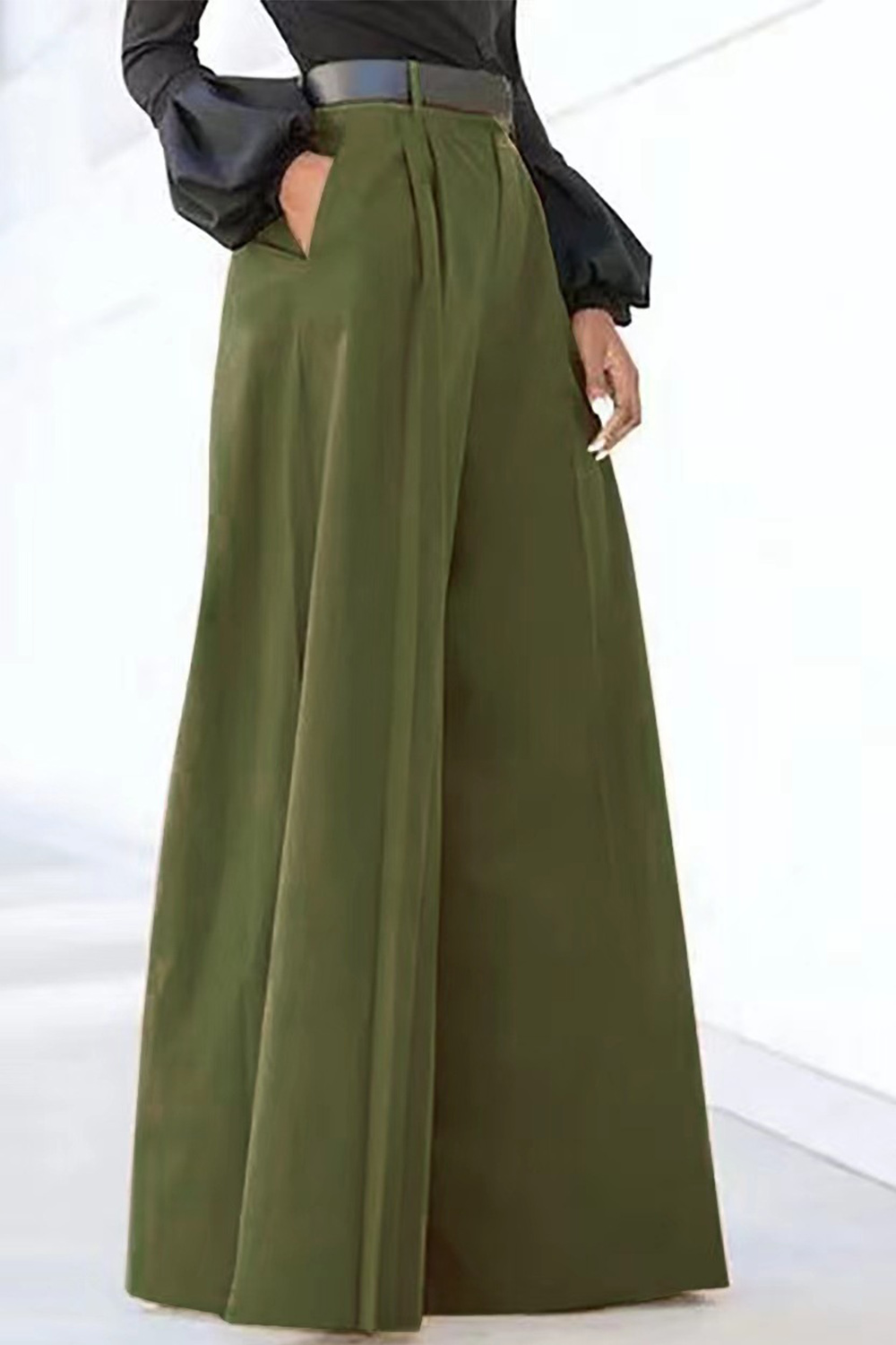 Plus Size Formal Gray Pleated High Rise Pocket Wide Leg Pants 2024 - Flycurvy 