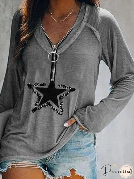 Five-pointed Star Zipper V-neck Long-sleeved T-shirt