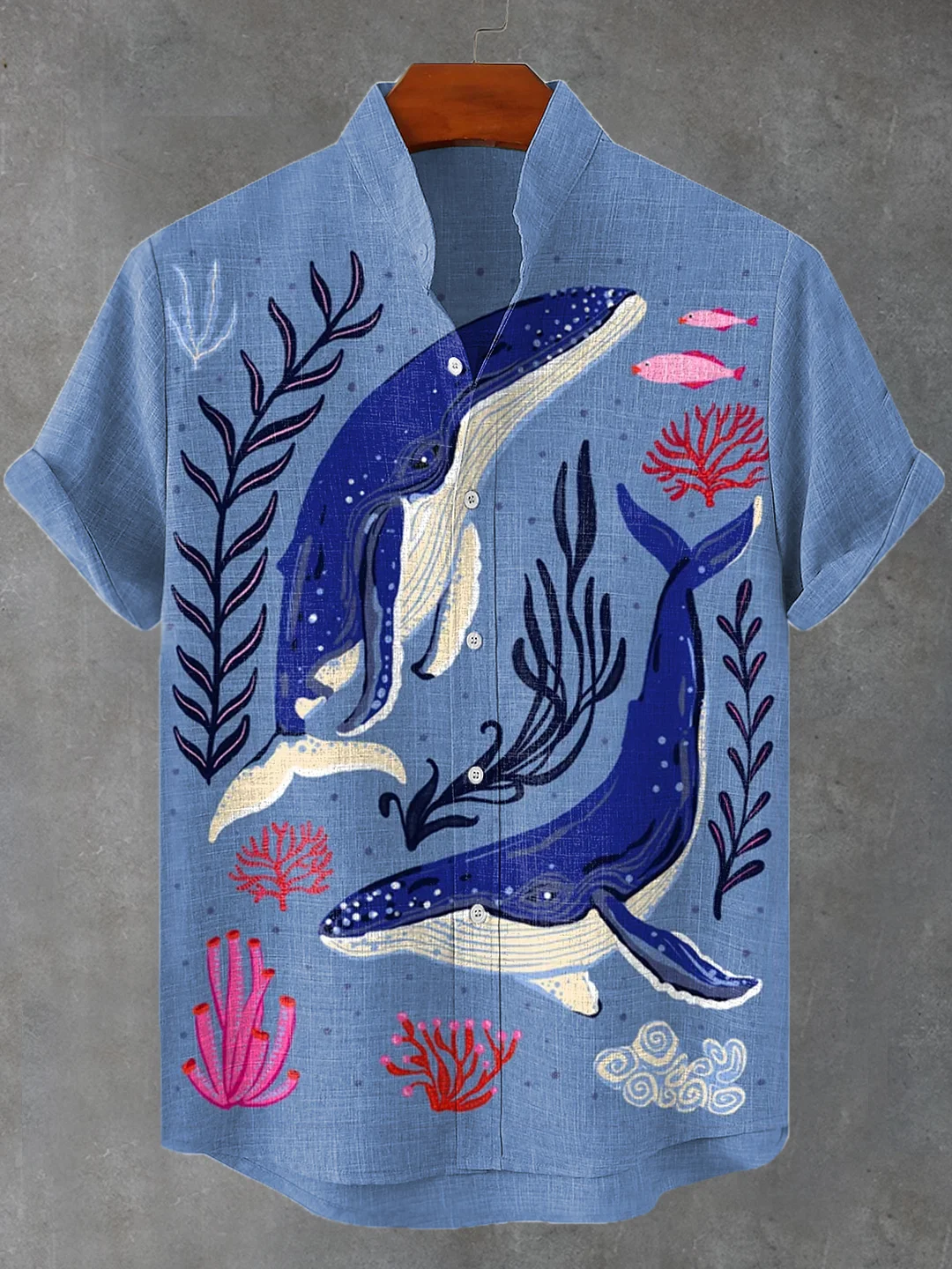 Men's Boho Shark Marine Plant Art Print Linen Blend Shirt