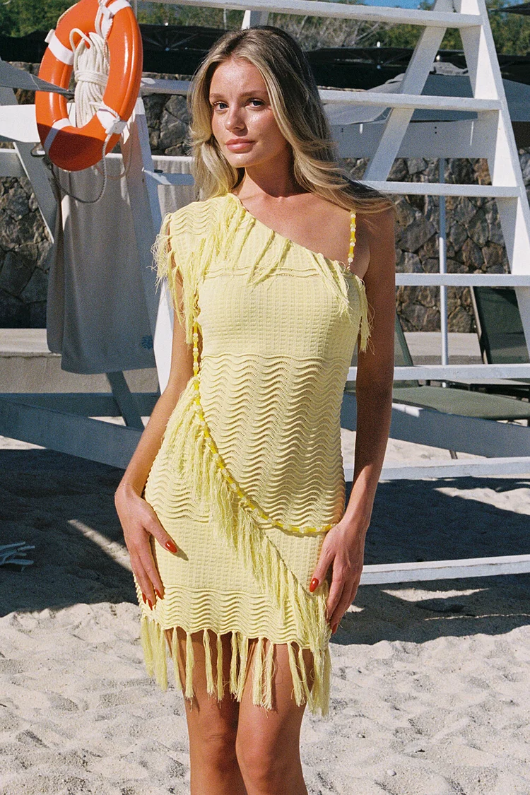 Fringed Trim One Shoulder Textured Knit Fitted Mini Dresses-Yellow [Pre Order]