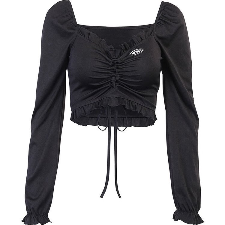 Pleated Flared Long Sleeves V-neck Top