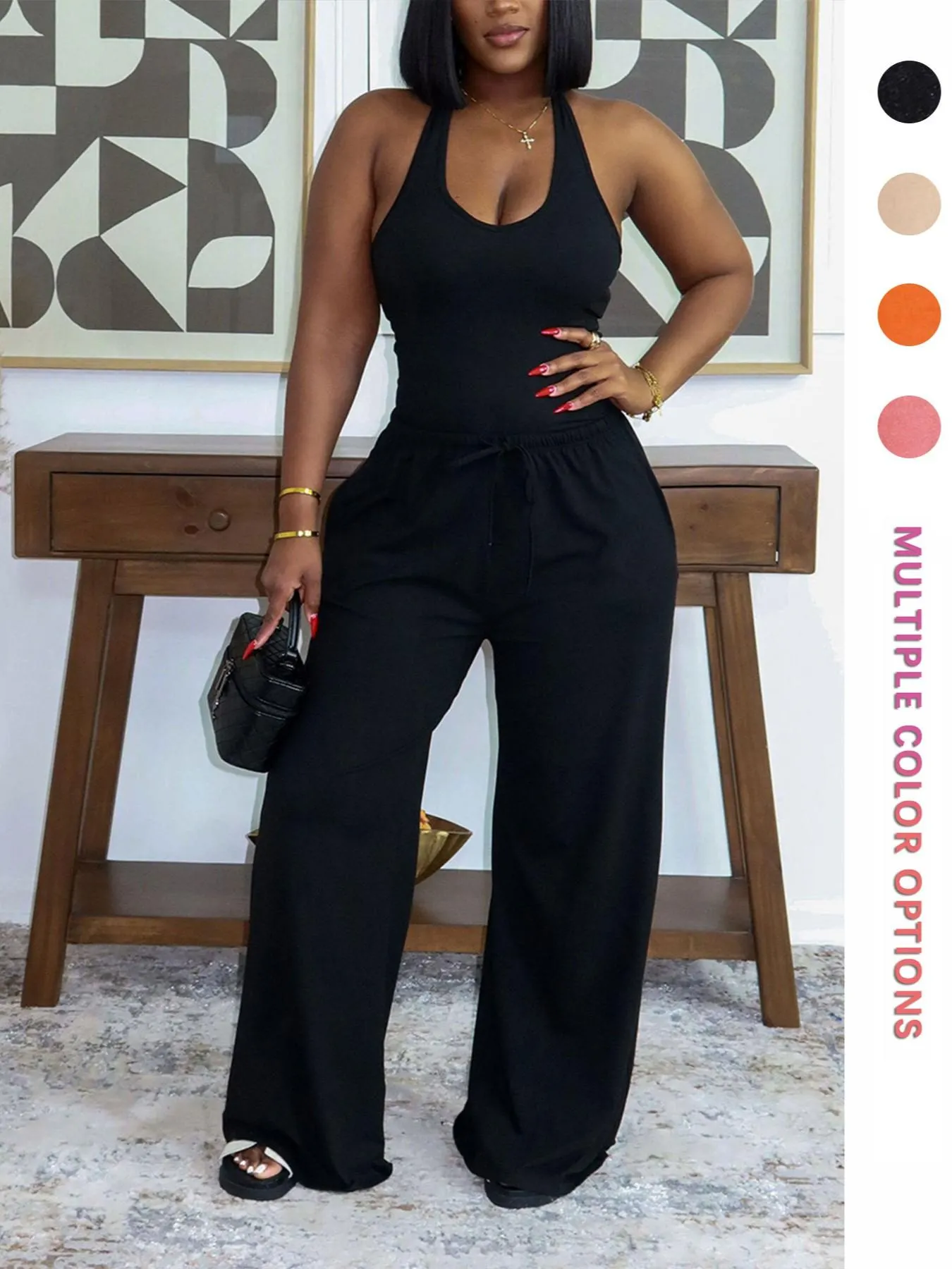 Summer New Women's Halter Neck Slimming Top & Wide-Leg Pants, Casual Backless Waist Cinch Crop Top & Drawstring Waist Pants, Womenswear
