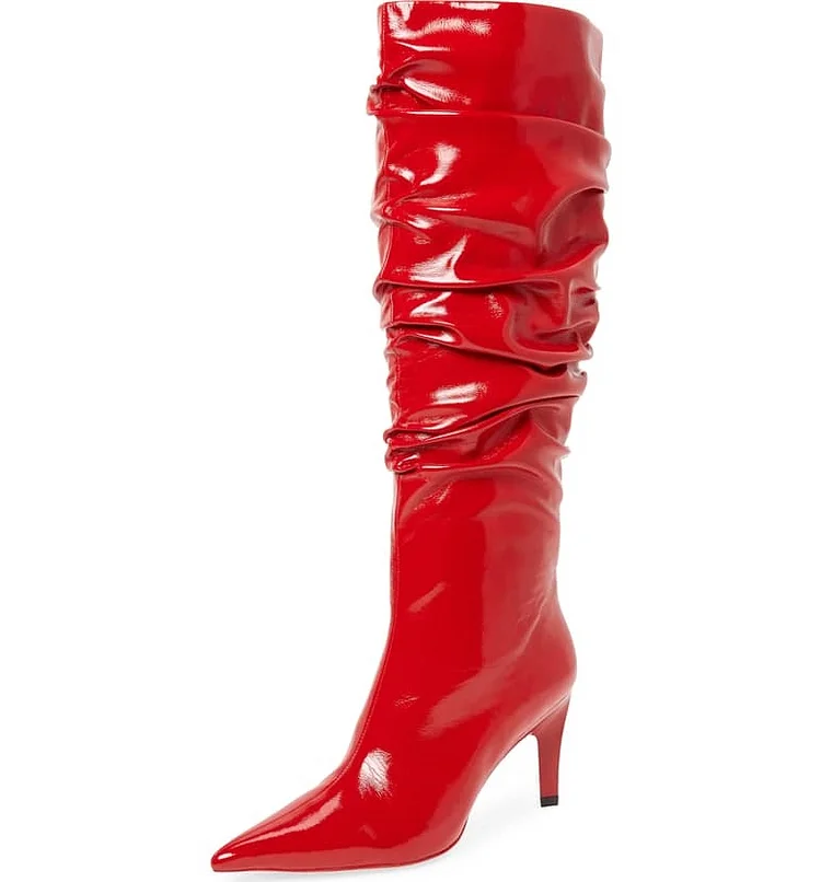Red Patent Leather Slouch Boots Stiletto Heel Knee High Boots |FSJ Shoes