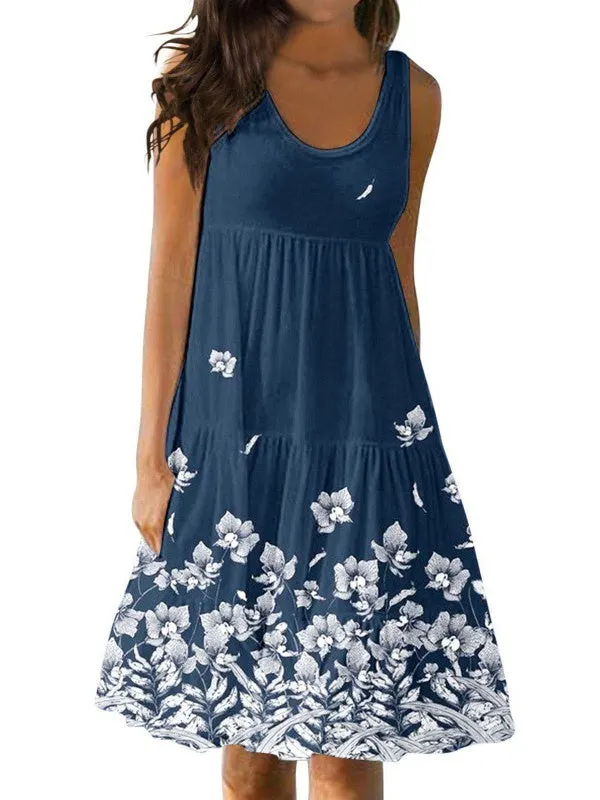 Women's Casual U-neck Sleeveless Printed Loose Patchwork Dress