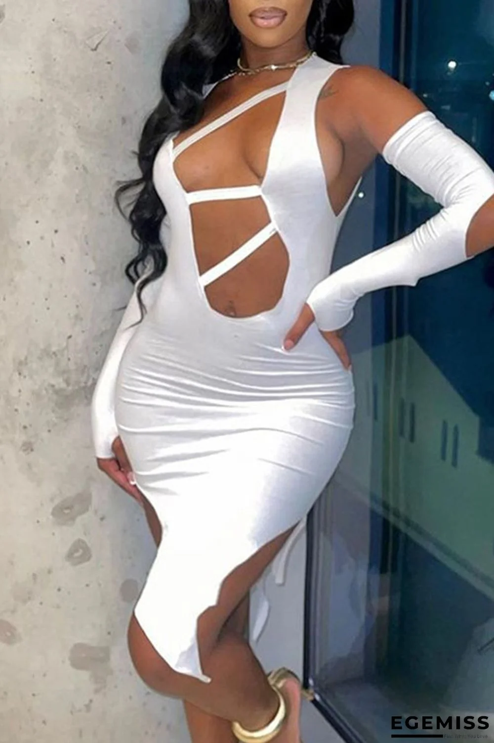 White Sexy Solid Patchwork Asymmetrical Asymmetrical Collar Irregular Dress Dresses | EGEMISS