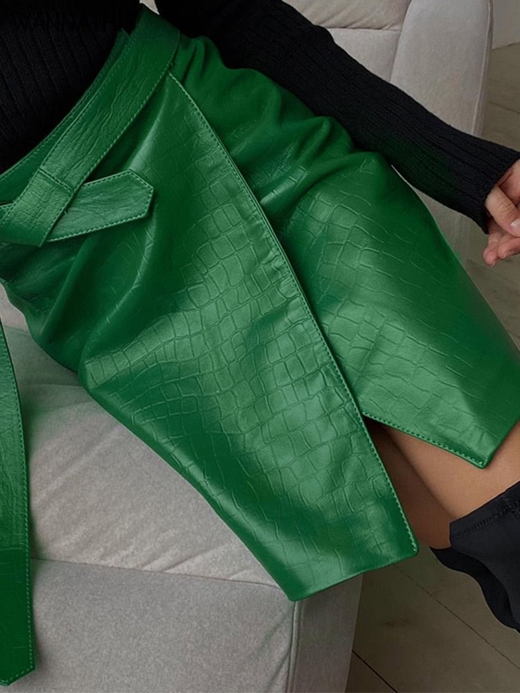 WannaThis Green Skirt Bandage Mini Split PU Sexy Women Leather Crocodile Pattern Straight Short Skirt E Girl Fashion Skirt 2021
