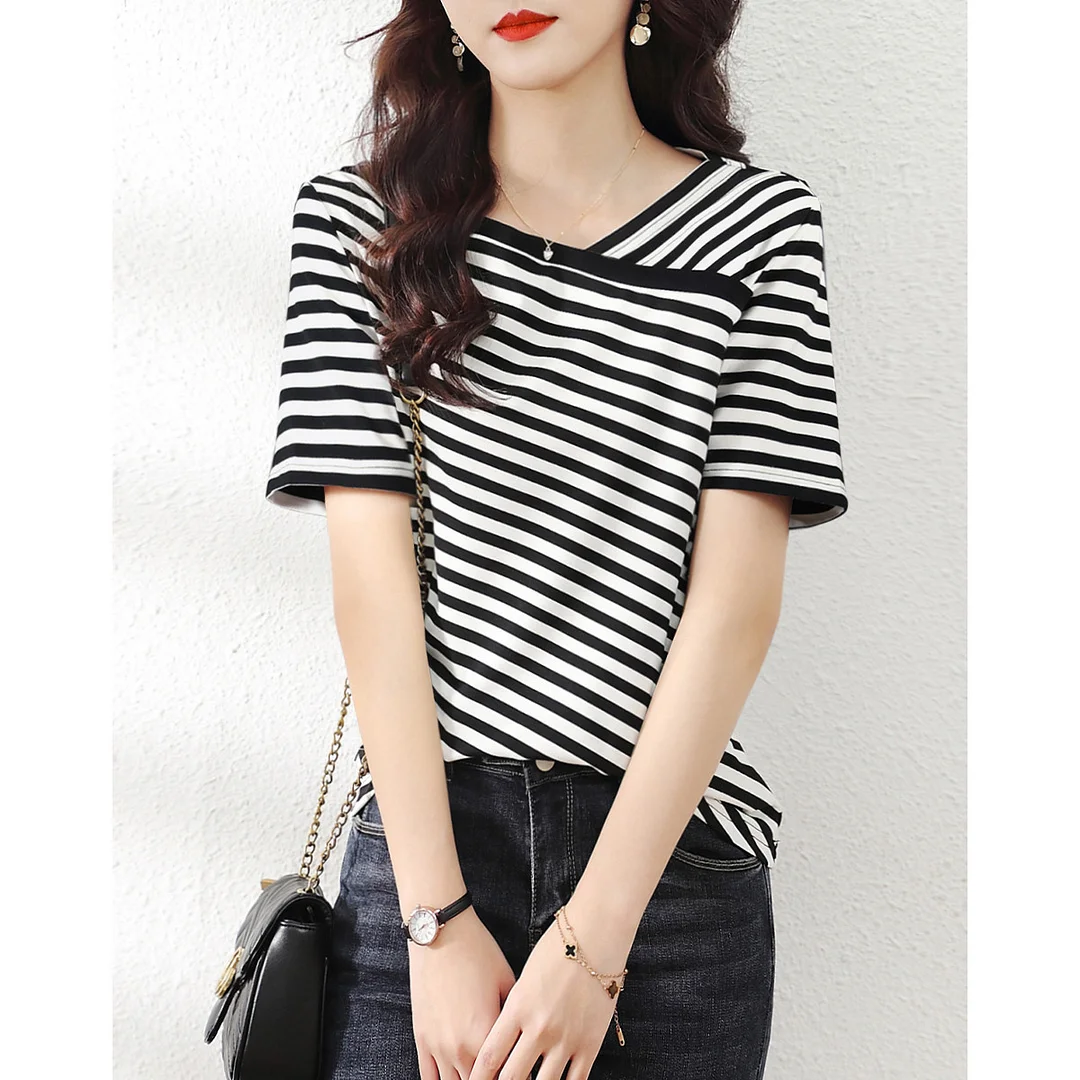 Athvotar Athvotar Thin Style 2025 New Retro-Collending V-Neck Striped Knitted Shirt Short-Sleeved T-Shirt Top For Women's Summer