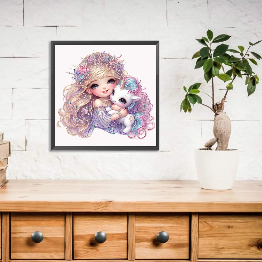 Diamond Painting - Partial Special Shaped Drill - Girl and Unicorn(Canvas|30*30cm)