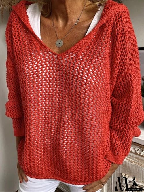 MidiSono - Openwork Hooded Long Sleeve Sweater