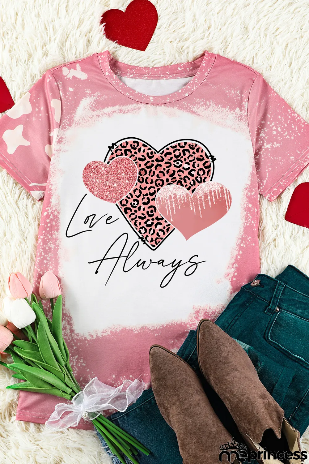 Pink Love Always Heart Leopard Bleached Print Graphic T Shirt
