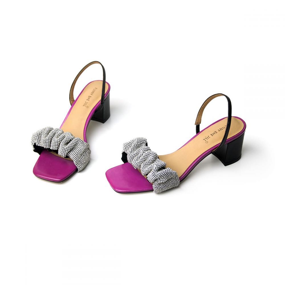 Block Heel Sandals Square Toe High Heel Pleated Lace-Up Diamonddals