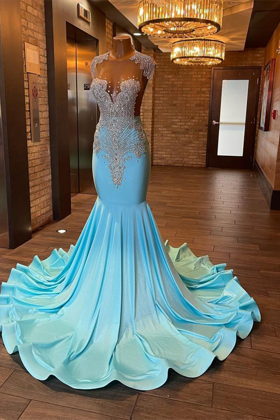 Romantic Sleeveless Blue Mermaid Prom Dress Appliques With Beads ...