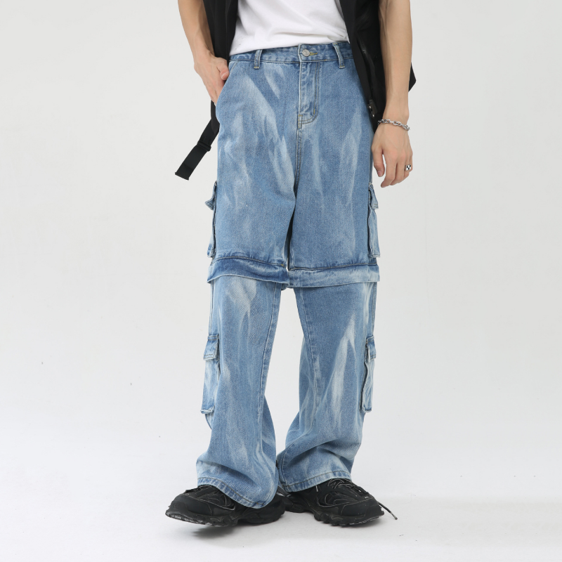Men's Detachable Hip Hop Loose Jeans Multi Pocket Tie Dye Washed Pants-VESSFUL