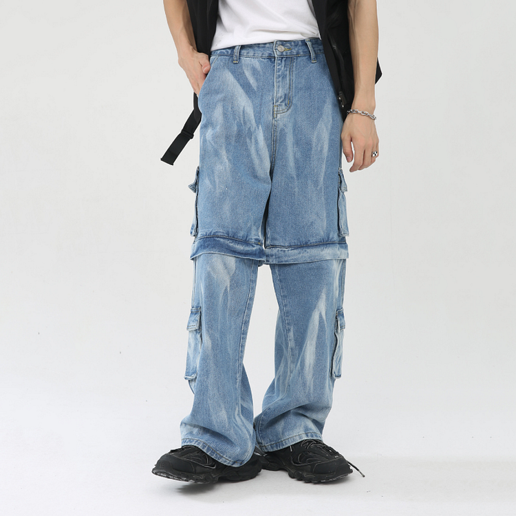 Men's Detachable Hip Hop Loose Jeans Multi Pocket Tie Dye Washed Pants at Hiphopee