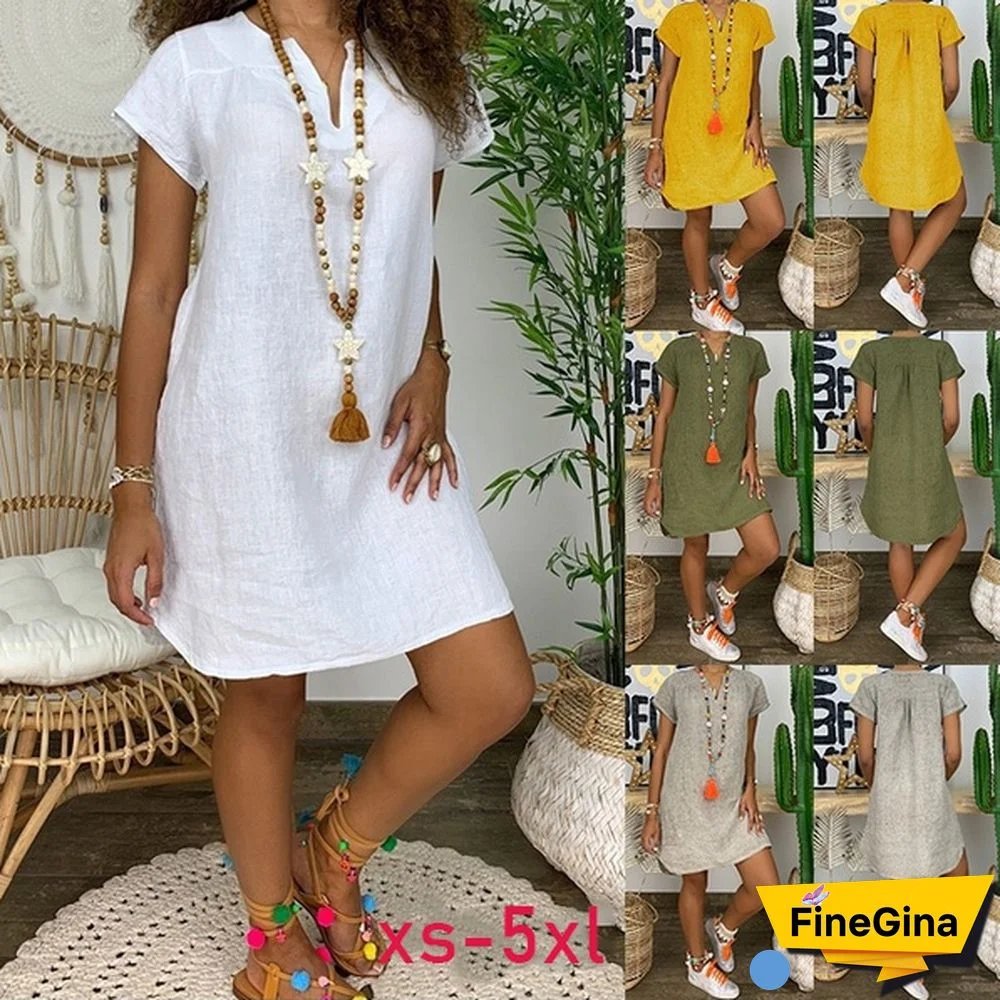 New Women Loose Solid Color Dress Short Sleeve V-Neck Dress Plus Size