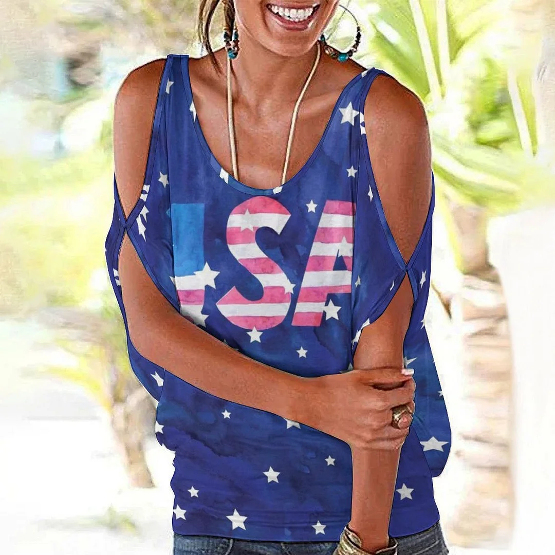 Shoulder Off  Loose Short Sleeve Casual T-shirt for Women Printed with Pattern USA, Independence Day, Star, Striped, Blue, Red