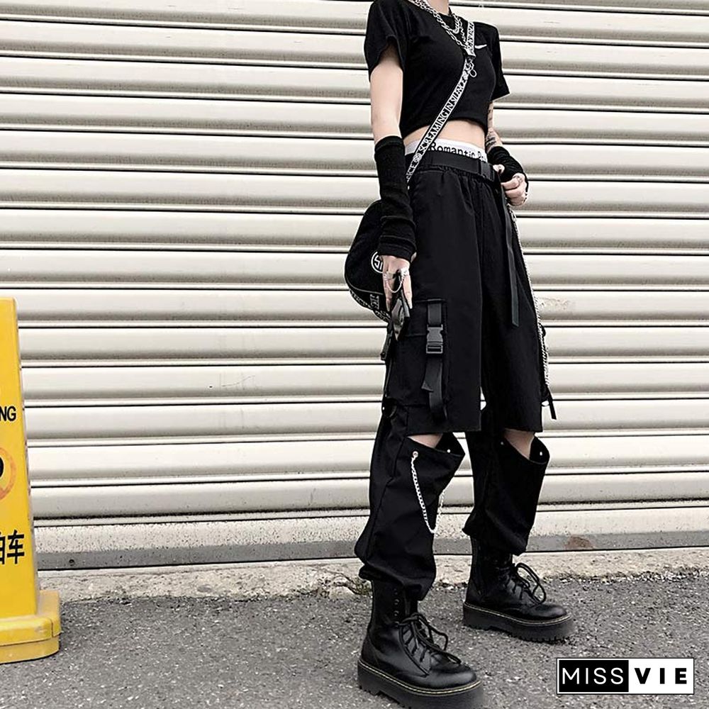 Casual Pants Chain Broken Hole Elastic Waist