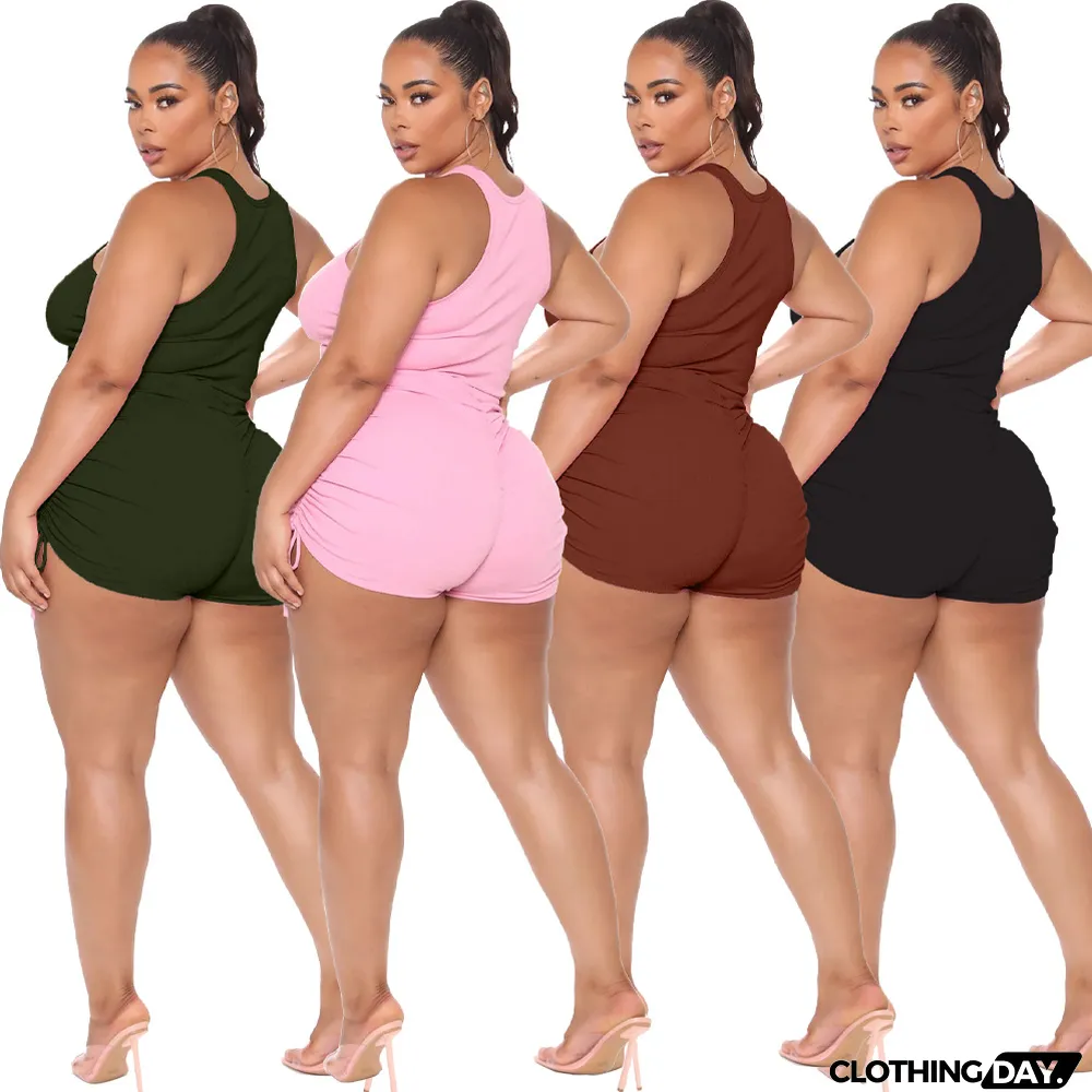 Plus Size Women's Tank Top Pleated Casual Shorts Two Piece Set