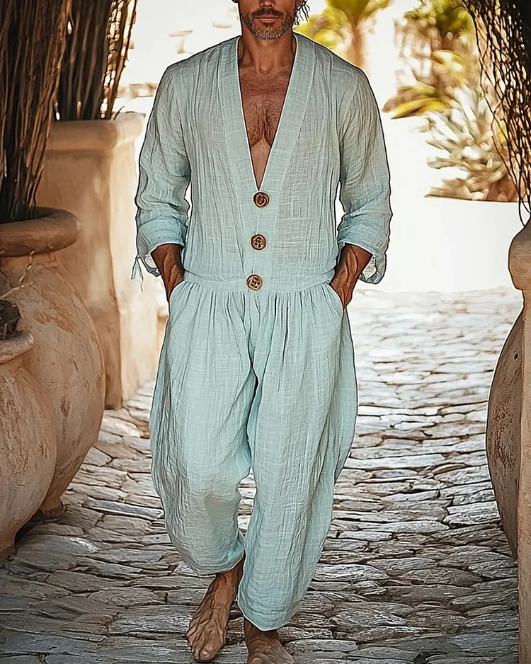 Men’s V-Neck Long-Sleeved Linen Jumpsuit