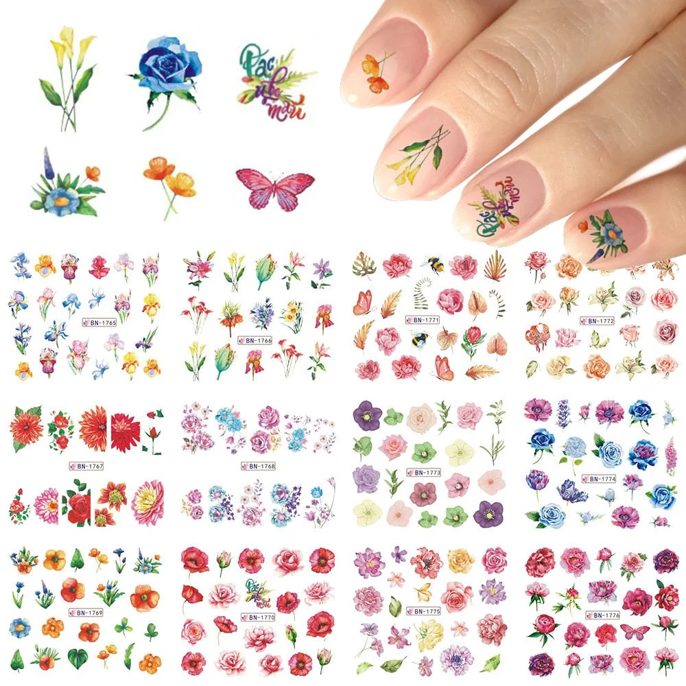 Nail Stickers Water Transfer Flowers Leafs Designs 12Pcs/Set Nail Decal Decoration Tips For Beauty Salons-Nail Inspo