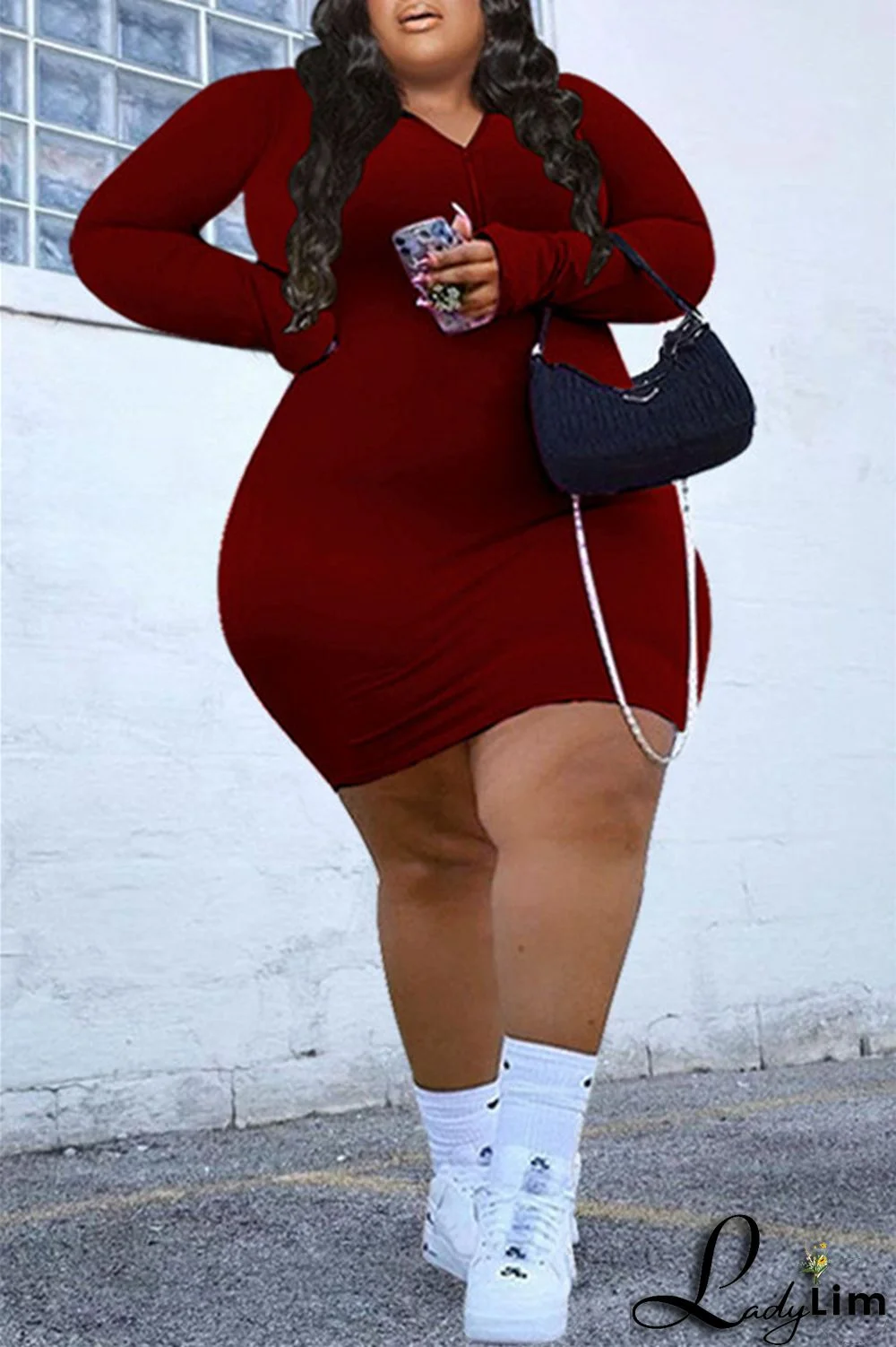 Burgundy Fashion Casual Solid Basic Zipper Collar Long Sleeve Plus Size Dresses