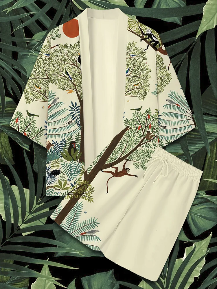 Men's Rainforest Tree Monkey Vacation Print Casual Kimono Cardigan Shorts Set