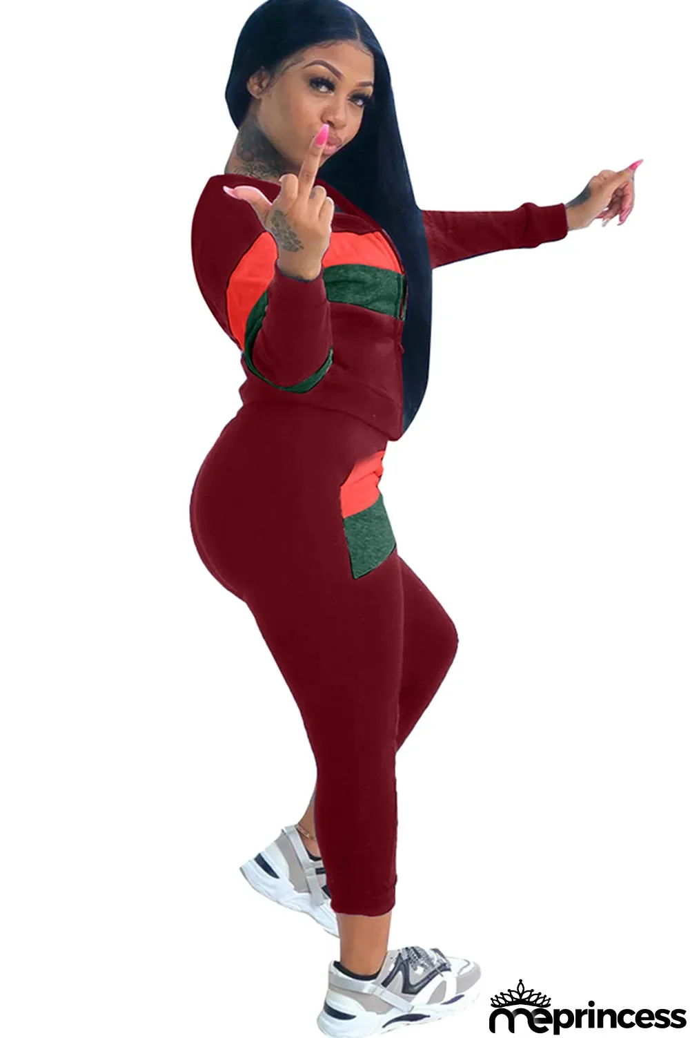 Blue Polyester Casual Two Piece Suits Patchwork Striped Straight Long Sleeve Two-piece Pants Set