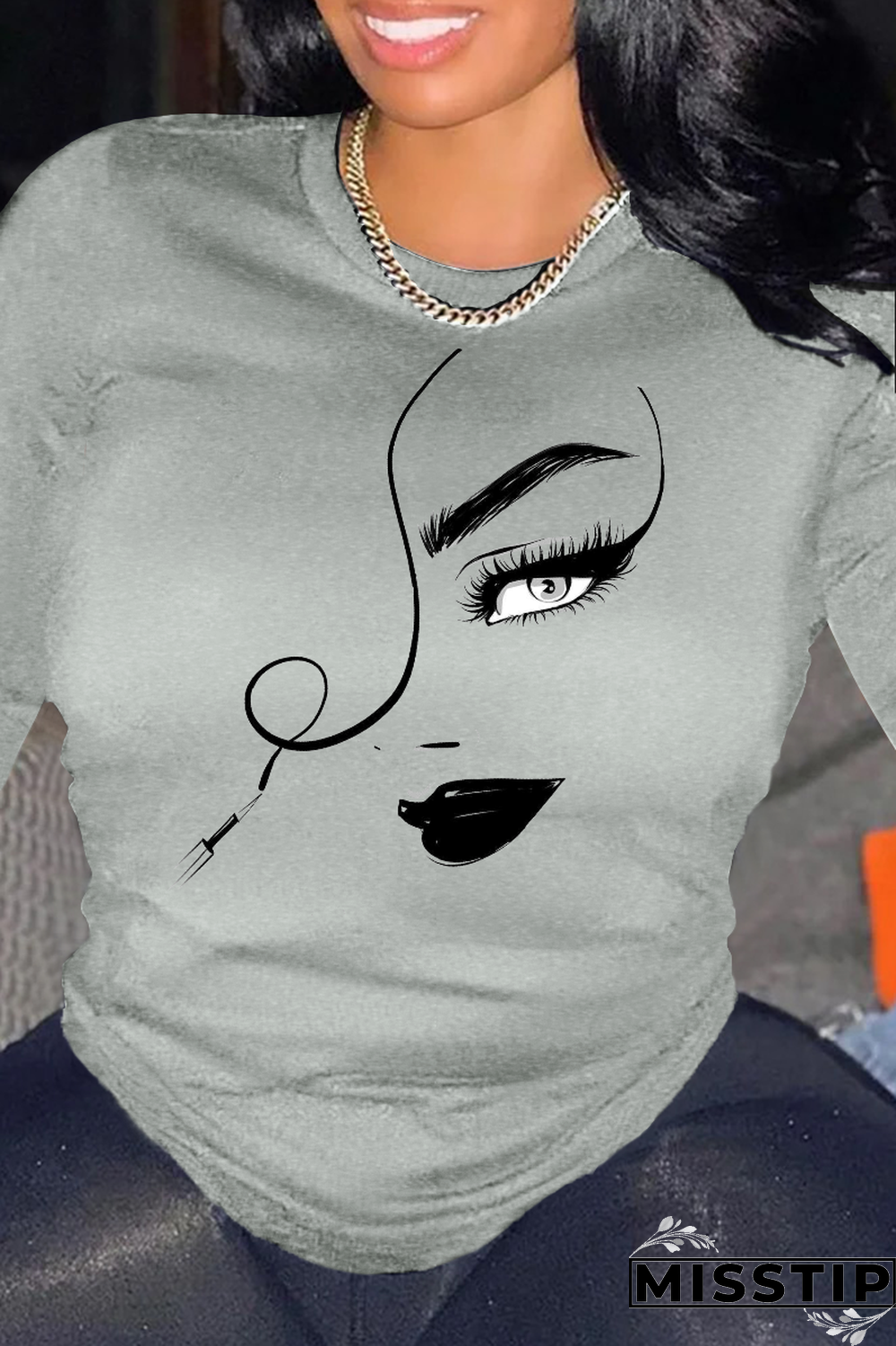 Grey Street Print Patchwork O Neck Tops