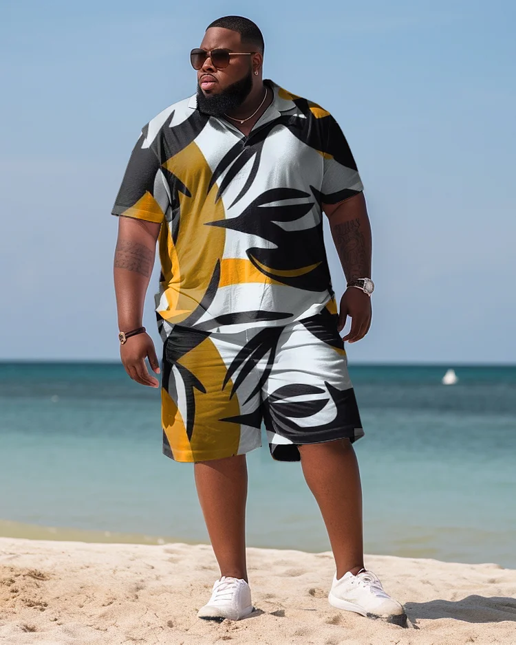Men's Plus Size Hawaiian Art Maple Leaf Color Block Shirt Shorts Two Piece Set
