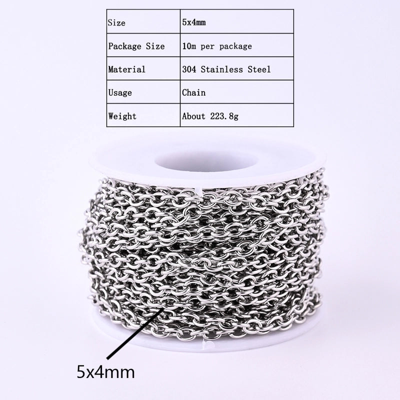 1 Roll 4*3mm 5*4mm 6*4.5mm 304 Stainless Steel Solid Color Polished Chain