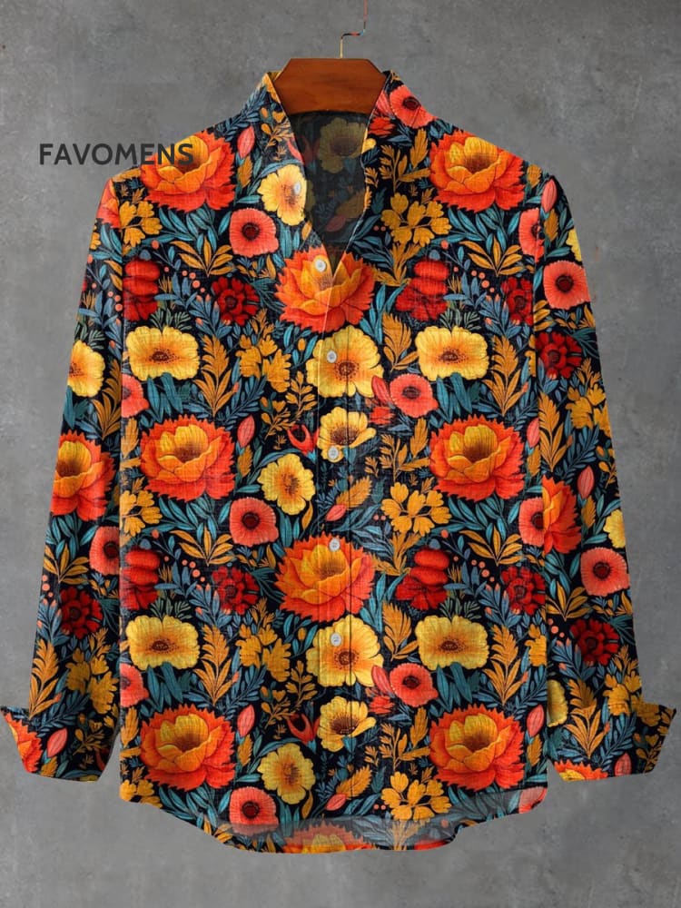 Vintage Colorful Floral Print 100% Cotton Long Sleeve Shirt Multicolor / S