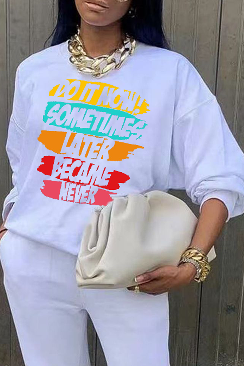 White Casual Print Patchwork O Neck Tops