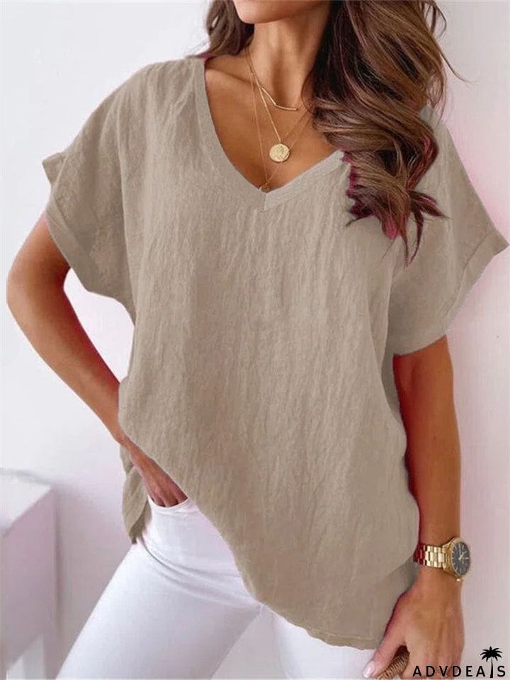 Women's V Neck Short Sleeve Cozy Cotton Linen T-shirt for Summer