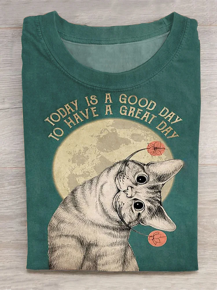 Funny Cute Cat Today Is A Good Day To Have A Great Day Retro Art Print Design T-shirt