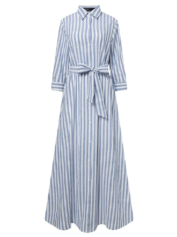 Fashion Women Lapel Neck Striped Dress ZANZEA Autumn Long Sleeve Buttons Maxi Long Dress Elegant Shirt Vestidos Femme Sundress