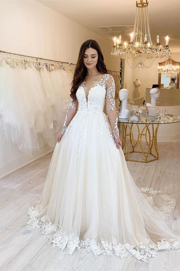 New Arrival Sweetheart Tulle Lace Wedding Dress Long Sleeves Bridal Gowns - lulusllly