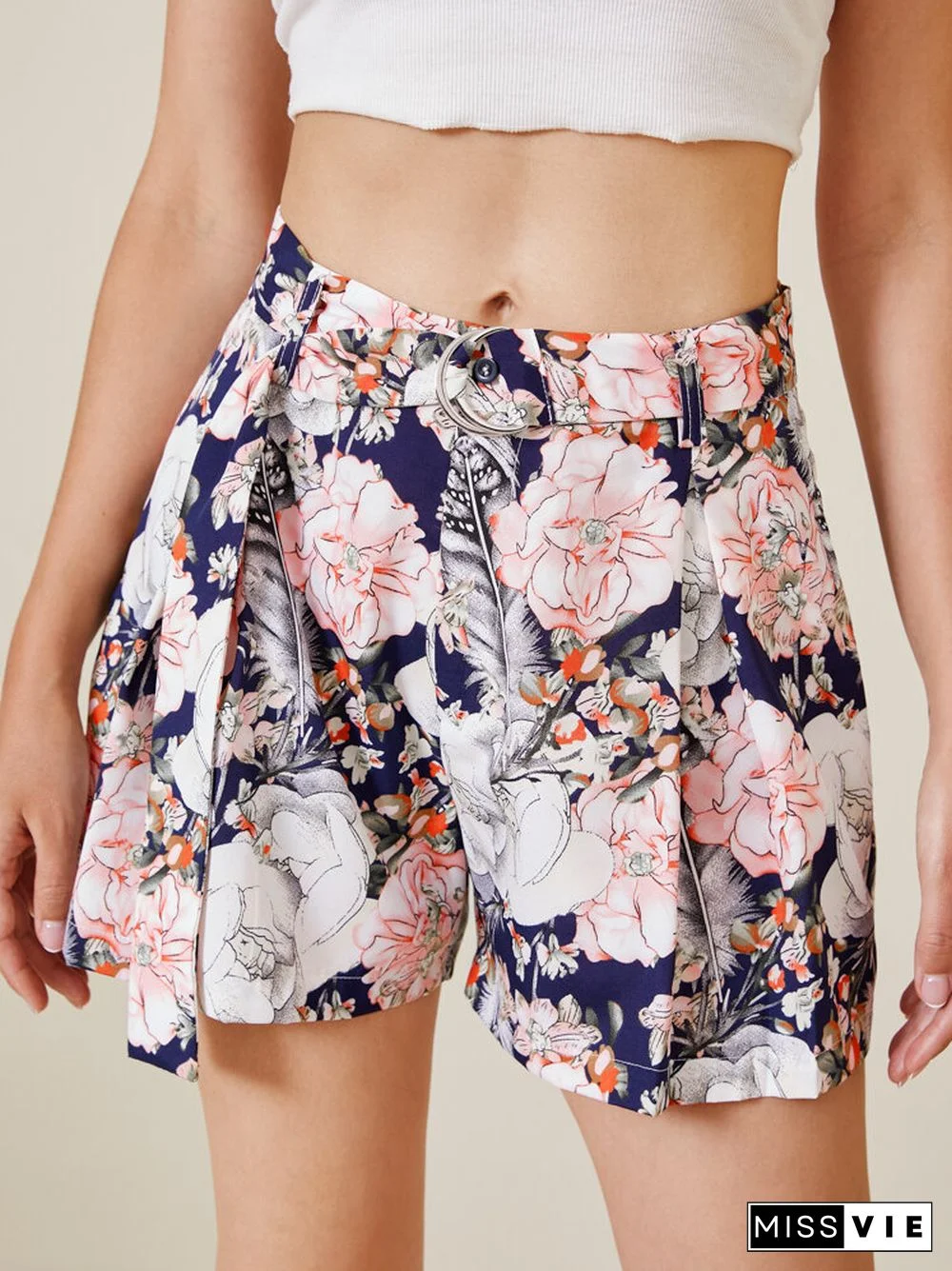 Flower Print Belt Pocket Wide Leg Shorts For Women