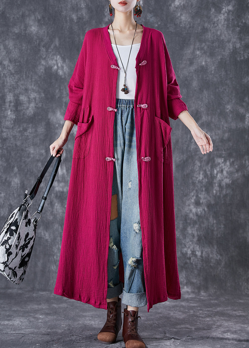 VCSHOES Rose Chinese Button Wrinkled Linen Long Cardigan Fall