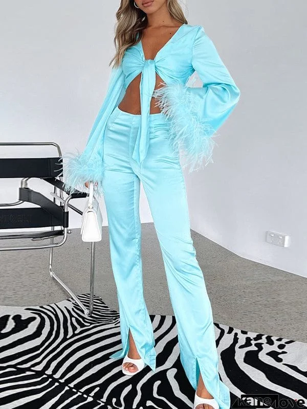 Long Sleeves Fringed Knot Solid Color Deep V-Neck Shirts Top + High Waisted Split-Front Pants Bottom Two Pieces Set