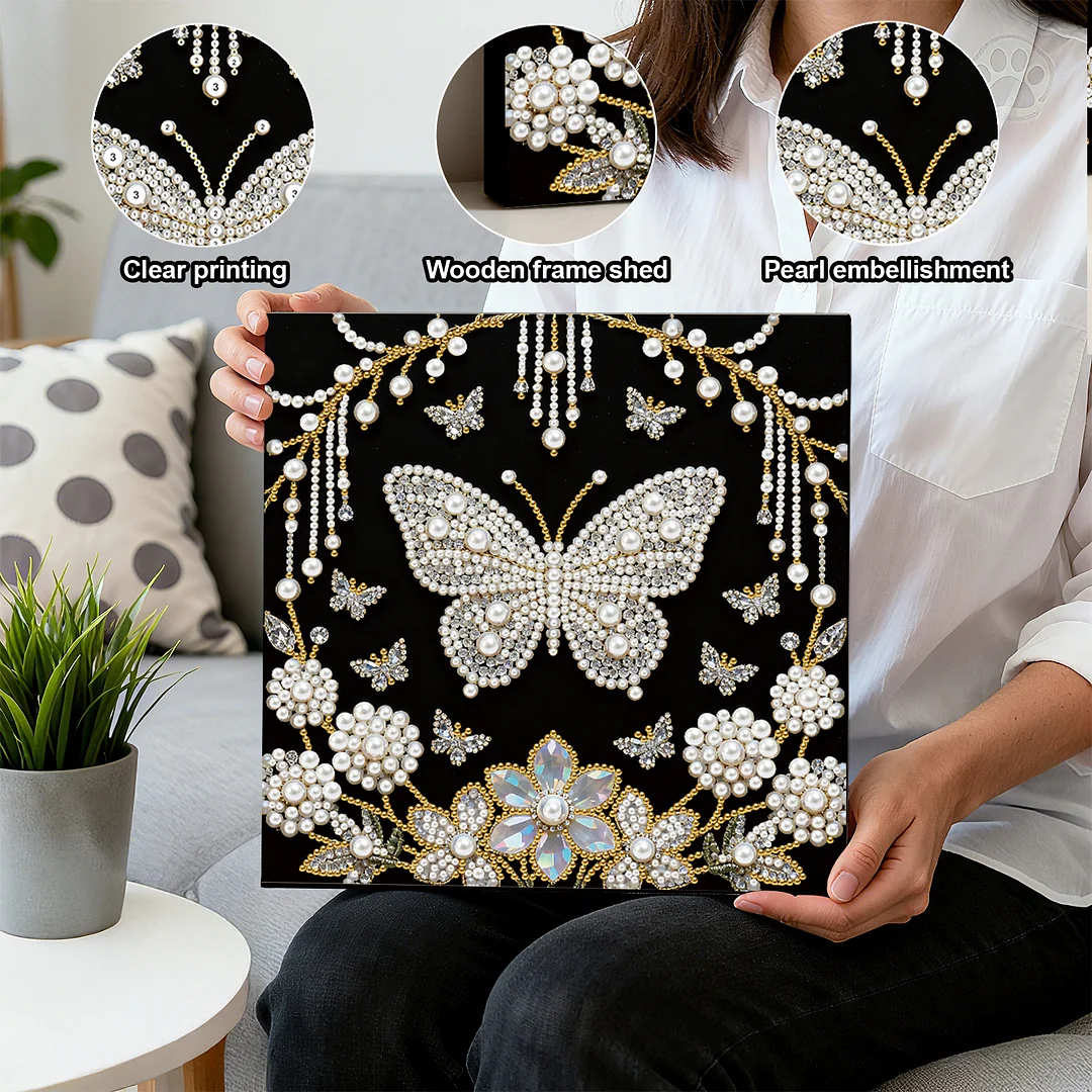 Flower Butterfly DIY Pearl Art Diamond Painting Kit Home Decor 25x25cm With Frame
