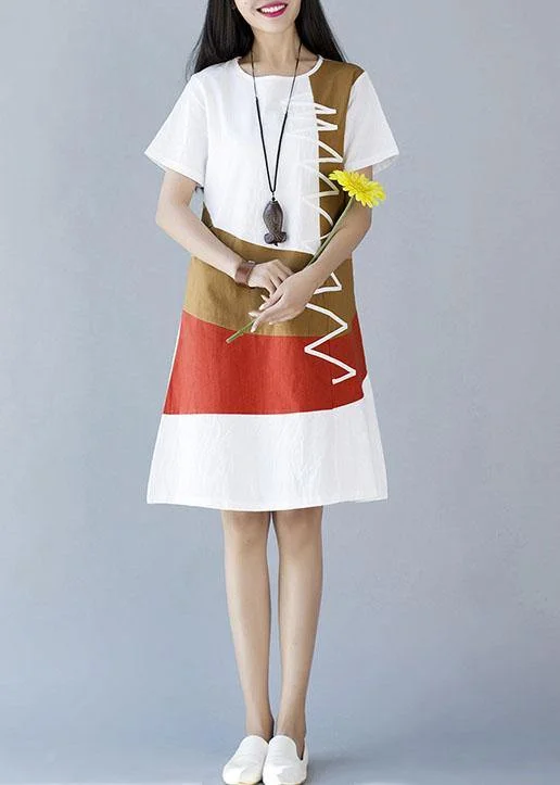 Natural white patchwork color cotton linen Wardrobes short sleeve loose summer Dresses