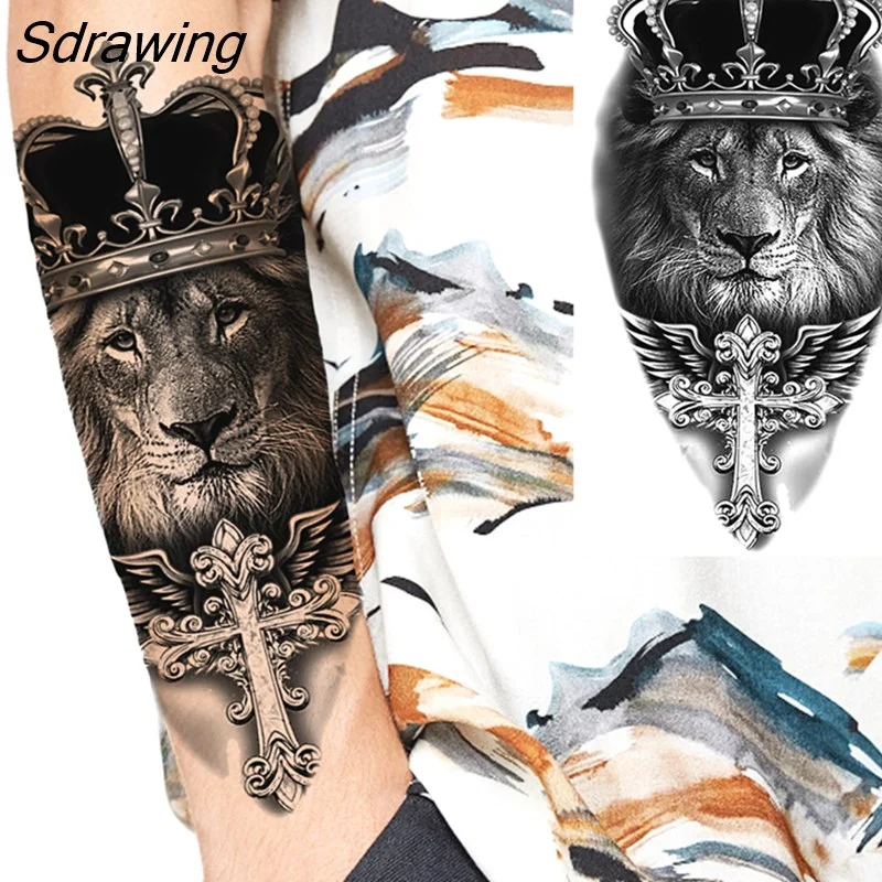 Sdrawing Crown Cross Temporary Tattoos For Men Women Realistic Scary Tiger Forest Vampire Fake Tattoo Sticker Forearm Body Tatoos 3D