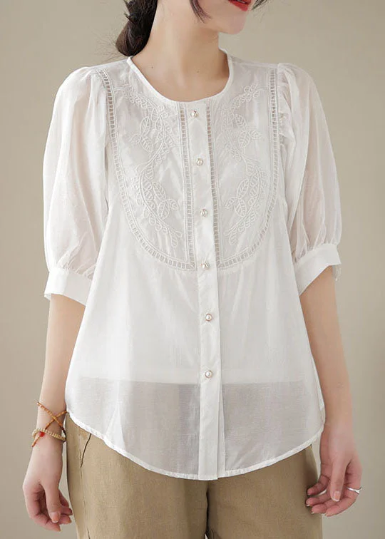 White Patchwork Cotton Top Embroideried O-Neck Wrinkled Summer