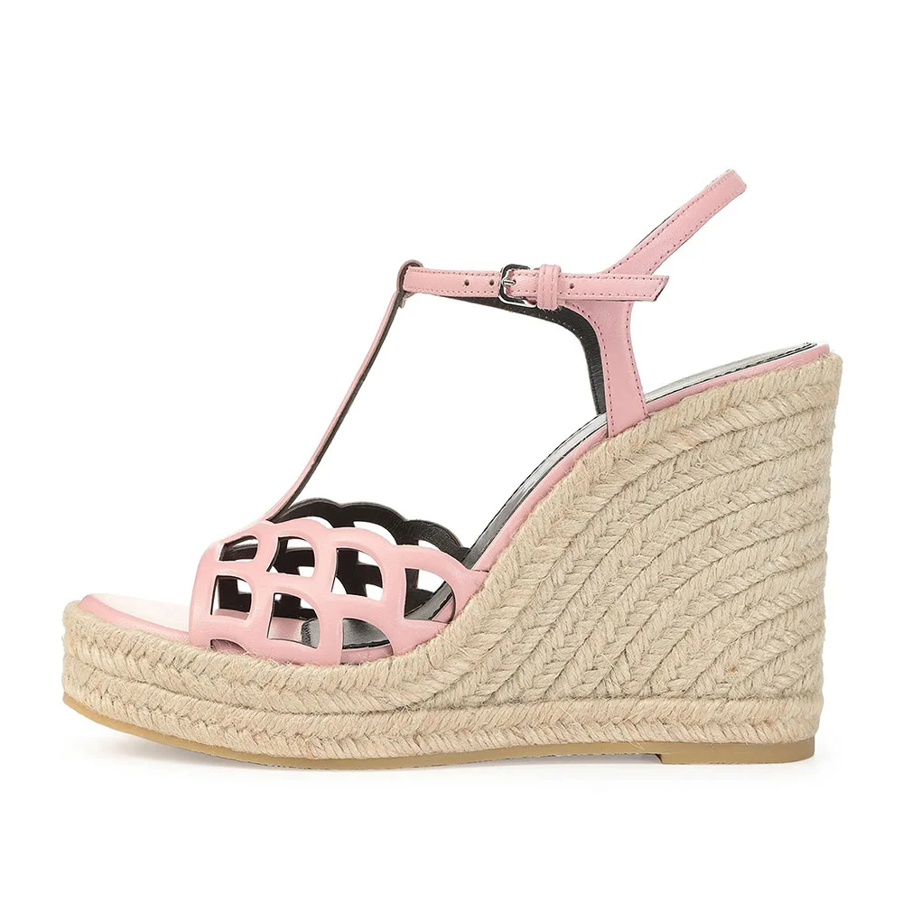 Pink Open Round Toe Platform Ankle Strap Wedge Sandals with Cut Out
