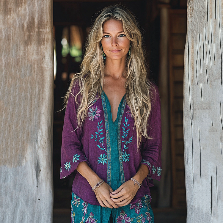 Simpfit Lockere Bluse aus Baumwolle und Nachahmung aus Nachahmung aus Baumwolle und Leinen im Retro-Boho-Stil mit Tribal-BlumenDrucken