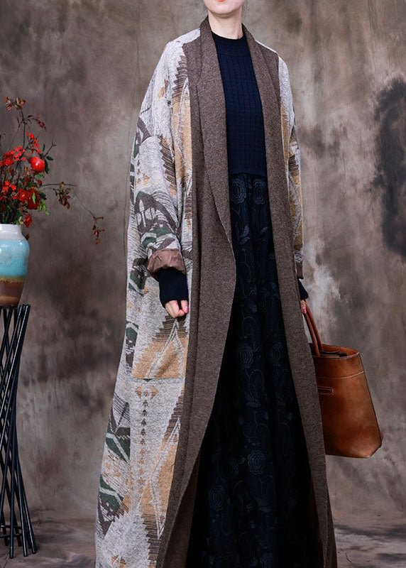 Organic Coffee V Neck Print asymmetrical design Patchwork Fall Woolen Coat Long sleeve CK2802- Fabulory