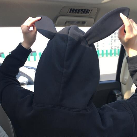 Black/Grey Bunny Ear Hoodie Coat SP1710722