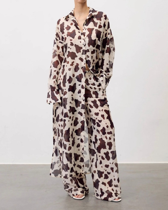Cow Print Long Sleeve Shirt & Side Pockets Pants Set