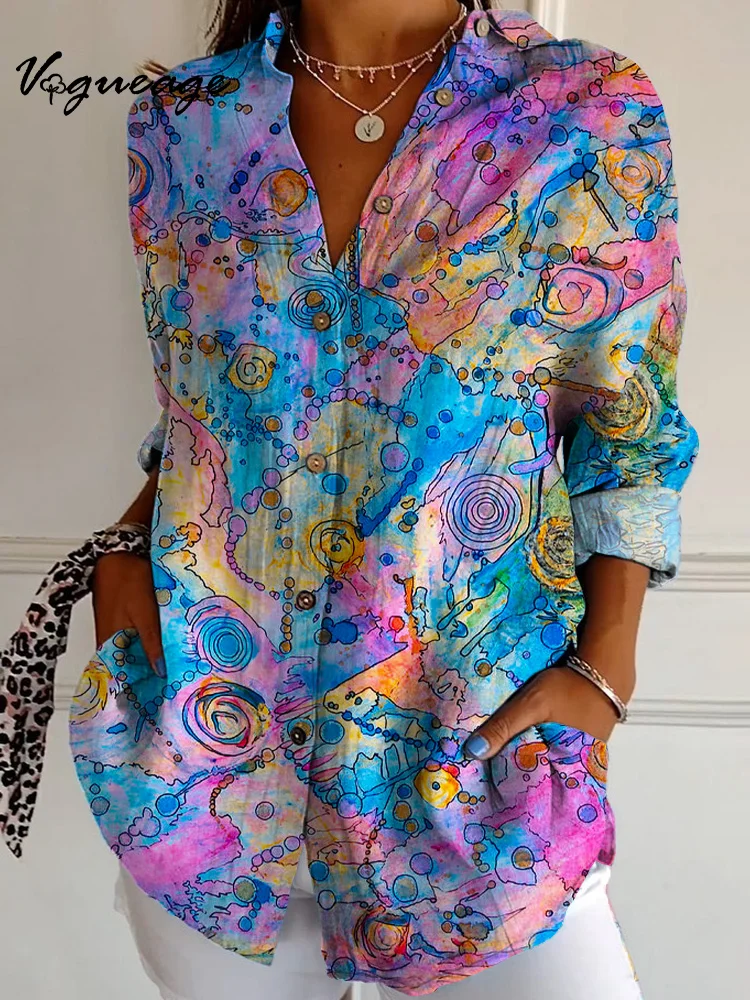 Fashion Watercolor Smudged Lines And Circles Long Sleeves Printed Cotton And Linen Shirt