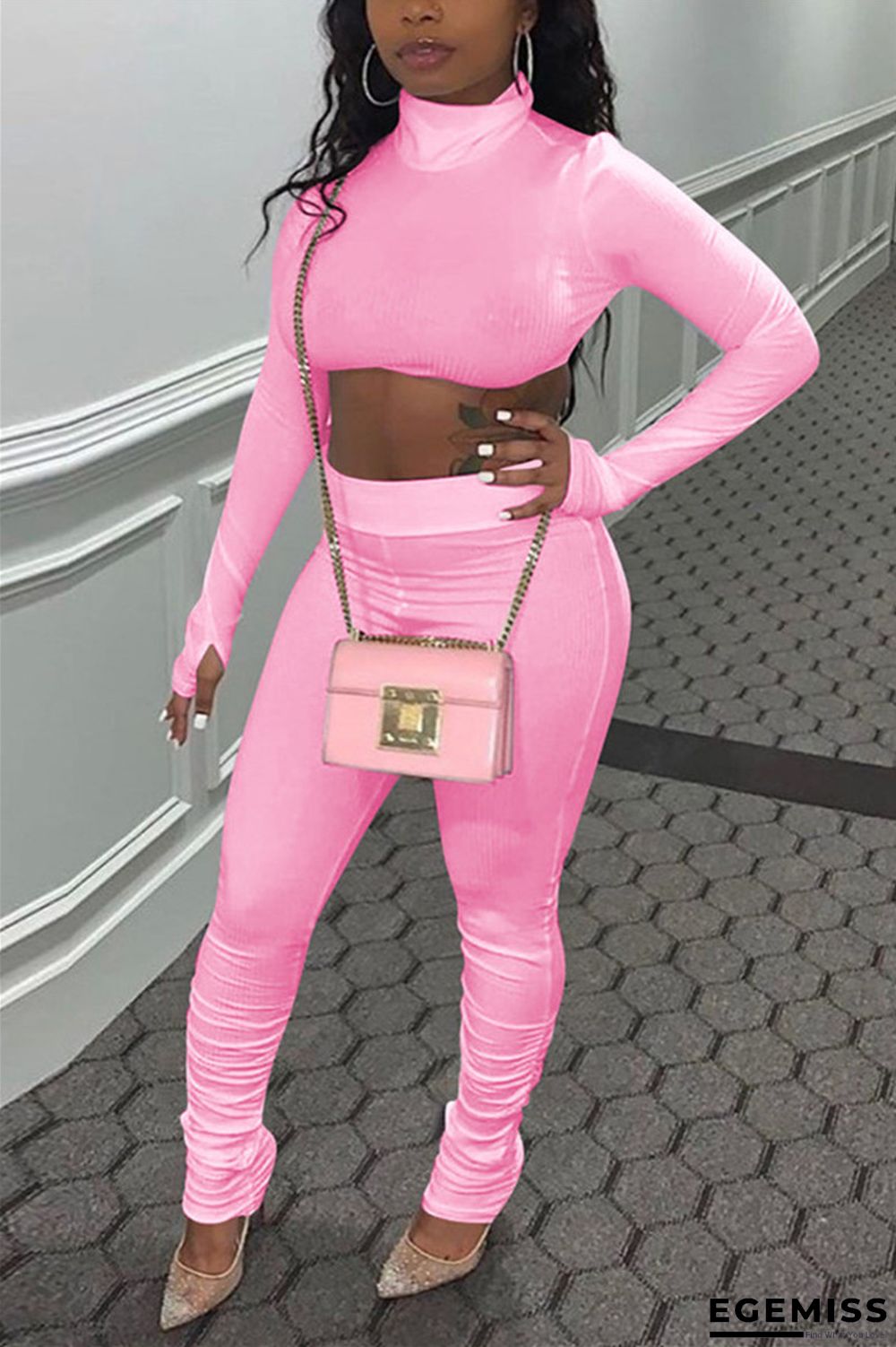 Pink Fashion Sexy Adult Solid Patchwork Turtleneck Long Sleeve Cap Sleeve Short Two Pieces | EGEMISS